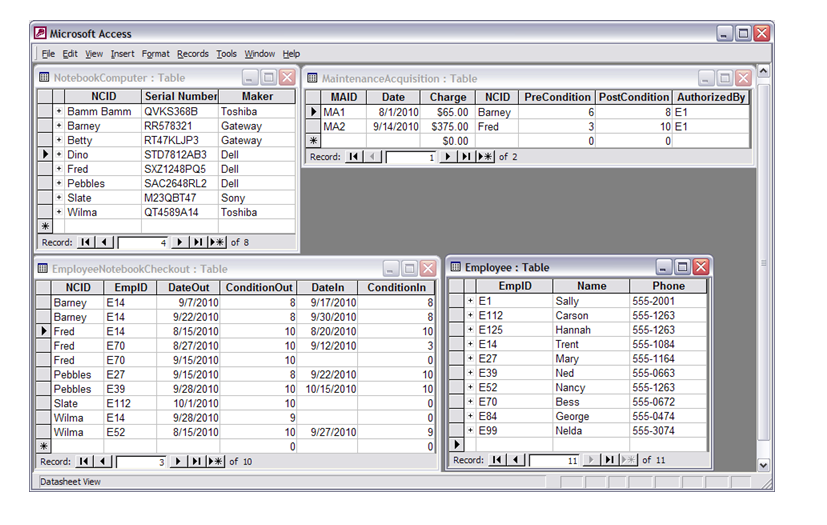 A database includes the following tables and design for a query, Query3, illustrated in both Microsoft Access QBE and SQL formats. (a) What is the result of the Query3 design applied to the tables? (b) If the goal is to identify the notebook computer makers of the computers that have not required any maintenance (including the NCID and the Maker name), does Query3 provide the needed information? (c) If the answer to (b) is no, what errors need to be corrected in Query3? (d) Once the query is corrected, what should the result look like?