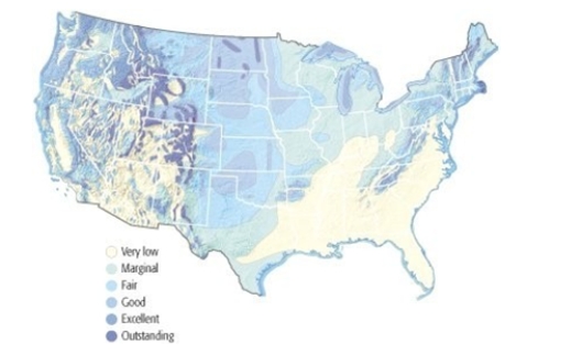 What region of the United States is best suited for producing wind used for energy?	   A)  Southeast Mountains B)  Northwest C)  Northeast D)  Western Mountains E)  Southwest  