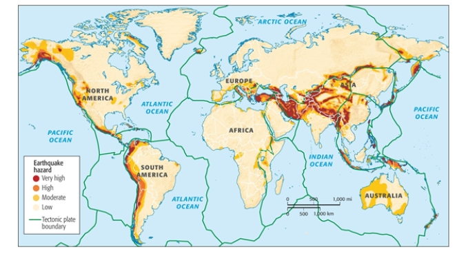Where in South America is the risk of an earthquake higher?	   A)  South B)  East coast C)  West coast D)  North E)  Northeast  