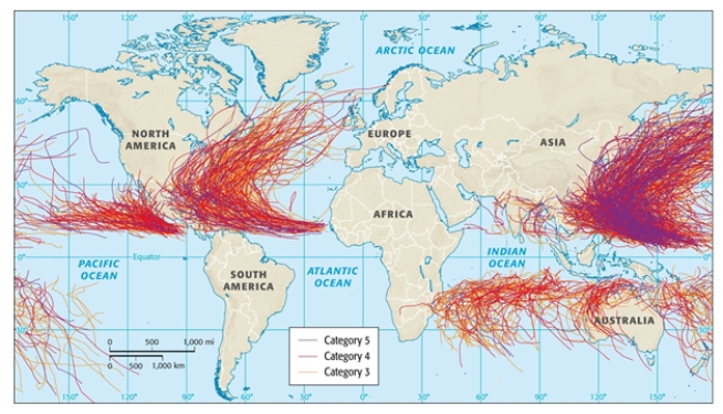 Where are hurricanes and typhoons most likely to hit the coast of North America?	   A)  East B)  West C)  South D)  Southwest E)  North  