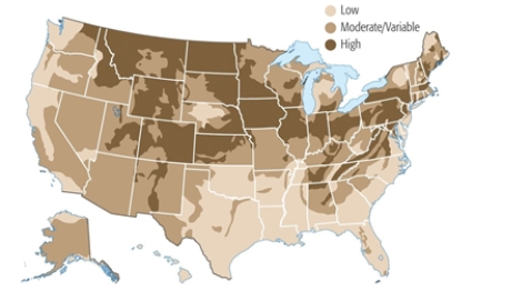 Where in the United States is the risk of radon exposure lowest?	   A)  Michigan B)  Florida C)  Alabama D)  North Dakota E)  New Mexico  