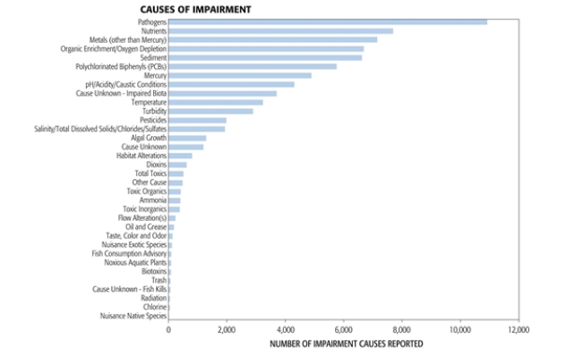 According to this data, which impairment should be of most concern?	   A)  algal growth B)  pathogens C)  trash D)  pH E)  mercury  