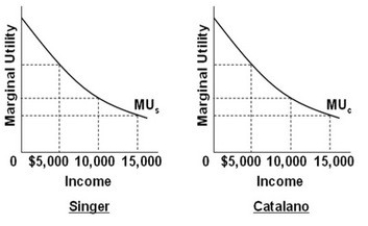   - Refer to the above diagrams that show identical marginal utility from income curves for Singer and Catalano. The marginal utility from income curves are drawn on the assumption that: A)  Singer buys more inferior goods than does Catalano. B)  Singer and Catalano have identical capacities to enjoy income. C)  Catalano has a greater capacity to enjoy income than does Singer. D)  Singer has a greater capacity to enjoy income than does Catalano.