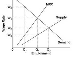   Refer to the above graph. Under monopsony in the hiring of labor services, the wage rate will be: A)  W<sub>1</sub> and Q<sub>1</sub> workers will be hired. B)  W<sub>2 </sub>and Q<sub>2 </sub>workers will be hired. C)  W<sub>2</sub> and Q<sub>1</sub> workers will be hired. D)  W<sub>3</sub> and Q<sub>1</sub> workers will be hired.