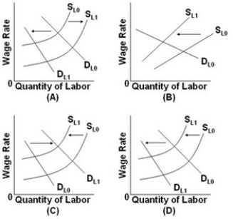    -Refer to the above graphs. If union workers decide to take more leisure, while the prices of the products produced by union workers increase, this situation is depicted in graph: A)  A. B)  B. C)  C. D)  D.