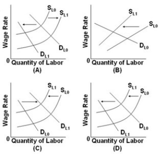   - Refer to the above graphs. If union workers decide to take more leisure, while the prices of the products produced by union workers decrease, this situation is depicted in graph: A)  A. B)  B. C)  C. D)  D.