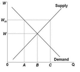   In the labor market shown above, if a minimum wage level is set at W<sub>m</sub>, it will cause: A)  employment to decrease from C to A. B)  employment to decrease from C to B. C)  employment to decrease from B to A. D)  BC workers to be hired.