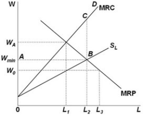   Senator Approxmire opposes a proposal requiring that the monopsonist pay a minimum wage of at least W<sub>min</sub>, stating:  Even if the labor market is monopsonistic, economic theory unambiguously demonstrates that imposing a minimum wage causes employment to fall.  Senator Approxmire is: A)  correct because the law of demand states that as the wage rises, the firm demands less labor. B)  incorrect because the monopsonist would offer a wage of W<sub>A</sub>, which is higher than W<sub>min</sub>, and maintain its employment at L<sub>1</sub>. C)  incorrect because the monopsonist's effective MRC curve becomes ABCD, which means that it would choose to hire more workers, from L<sub>1</sub> to L<sub>2</sub>, following the imposition of the minimum wage. D)  correct because the graph indicates that at the wage of W<sub>min</sub>, the monopsonist would not make a profit from hiring labor and so would not hire any at all.