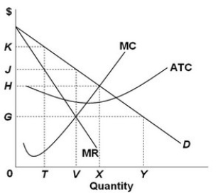   Refer to the above graph. At the profit-maximizing price and output this firm: A)  earns positive economic profits. B)  incurs economic losses. C)  breaks even. D)  should shut down.