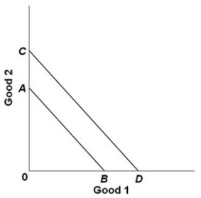 <strong>   - In the diagram above, Cheri's budget line shifts outward from AB to CD. Which statement below is consistent with this shift?</strong> A) Both prices double; her income doubles. B) Her income is reduced; no change in either price. C) Both prices are reduced by 50 percent; her income is reduced by less than 50 percent. D) Both the price of good 1 and Cheri's income increase; there is no change in the price of good <div style=padding-top: 35px> 