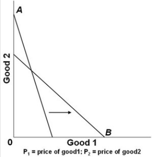 <strong>  In the graph above, A is the initial budget line and B is the new budget line. Which of the following changes might have occurred?</strong> A) P<sub>1</sub> was unchanged, P<sub>2</sub> increased, income decreased. B) P<sub>1</sub> decreased, P<sub>2</sub> increased, income was unchanged. C) P<sub>1</sub> increased, P<sub>2</sub> decreased, income was unchanged. D) P<sub>1</sub> decreased, P<sub>2</sub> was unchanged, income increased. <div style=padding-top: 35px> 