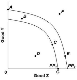 <strong>  The graph above shows two production possibilities curves for a nation that produces two goods, Y and Z. PP<sub>1</sub> and PP<sub>2</sub> show the production  possibilities for years 1 and 2. The nation's total production then decreased after year 2. This change could be represented by a move from:</strong> A) F to A. B) A to E. C) F to B. D) E to D. <div style=padding-top: 35px> 