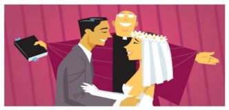 <strong>Complete la oración según la imagen.Hoy es el día _____ de Jaime y Cecilia.  </strong> A) de la luna de miel B) del divorcio C) de la boda D) de la pareja <div style=padding-top: 35px> 