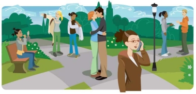 ¿Cuáles de las siguientes acciones ocurren en este dibujo?   A)   Dos chicas se ponen las chaquetas. B)   Dos personas se hablan por teléfono. C)   Una chica se maquilla. D)   Una pareja se besa. E)   Dos personas se hablan. F)  Dos chicos se dan la mano. G)  Una pareja se saluda.