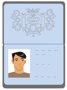 Complete la oración según el dibujo.En la aduana, nos pidieron el ___.   A)  tarjeta de embarque B)  vuelo C)  pasaporte D)  equipaje