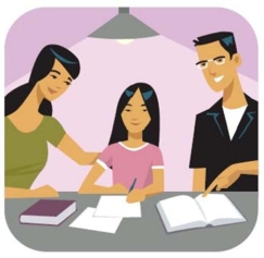 Los padres de la imagen ayudan a su hija con la tarea.  <div style=padding-top: 35px> 