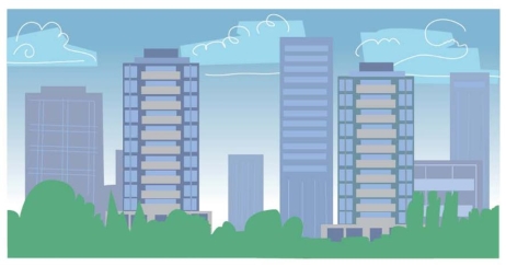 Indique la mejor descripción según la imagen. A) Es una ciudad con muchos rascacielos. B) Es una ciudad con pocos árboles. C) Hay veinte rascacielos en esta ciudad. D) Es una aldea con muchas ventanas.