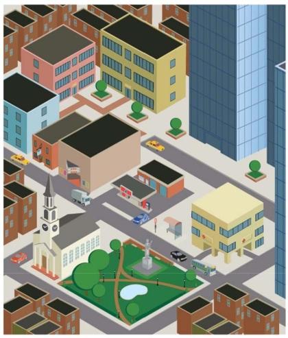 Complete la oración según la imagen.Para llegar al parque, saliendo de la puerta de la iglesia,___.   A)  uno debe seguir derecho B)  uno debe doblar a la derecha C)  uno debe doblar a la izquierda D)  uno debe cruzar la calle