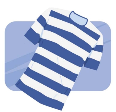 Complete la oración según la imagen. Jorge nunca lleva esta camiseta ____.   A)  de cuadros B)  de marca C)  de lunares D)  de rayas