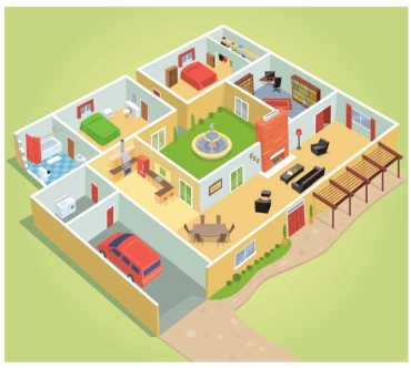 Complete la oración según la imagen.En esta casa, hay una chimenea _____ del sofá .   A)  debajo B)  enfrente C)  encima D)  al lado