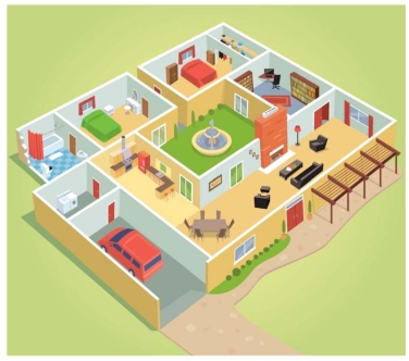 Complete la oración según la imagen.En el comedor, no hay nada _____ de la mesa.   A)  debajo B)  enfrente C)  encima D)  al lado