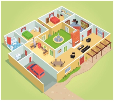 Complete la oración según la imagen.En el despacho de esta casa, hay una alfombra _____ las estanterías.   A)  entre B)  debajo de C)  encima de D)  dentro de