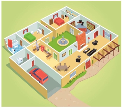 Complete la oración según la imagen.En esta casa, hay un coche _____ del garaje.   A)  debajo B)  al lado C)  dentro D)  arriba