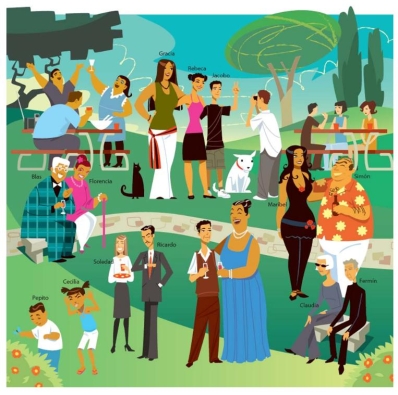 Para responder, mire el dibujo. Según el dibujo, Blas y Florencia probablemente están más contentos que Claudia y Fermín.