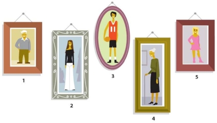 El hombre de la foto 1 y la niña de la foto 5 son _____ de estas cinco personas.   A)  más bajos que B)  los más bajos C)  menos bajos que D)  bajísimos