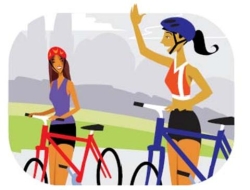 Complete the exchange based on the image. -¿De qué color es la bicicleta de Maruja (a la izquierda)? -Su bicicleta es ____.   