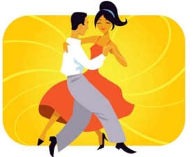 Complete the sentence based on the image. Elizondo y Marta _____ toda la noche en la fiesta.   A)  juegan B)  tocan C)  bailan D)  andan