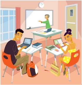 Select the correct preposition to complete the sentence based on the image.El bolígrafo rojo de la estudiante está _____ del escritorio.   A)  a la derecha B)  a la izquierda C)  encima D)  lejos