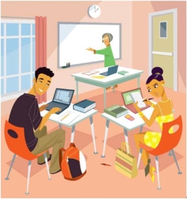 La profesora está _____ de los estudiantes.   A)  encima B)  enfrente C)  debajo D)  detrás