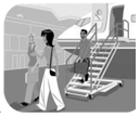 Match each action to the correct word below. -bajarse del avión A)    B)    C)    D)    E)   