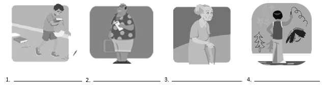 Write the correct descriptive adjective for each person depicted.  <div style=padding-top: 35px> 