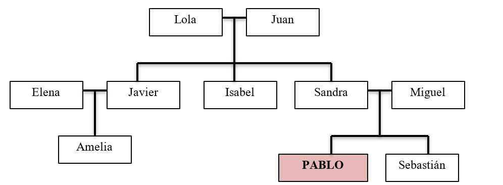 La familia. Using the information from the family tree below, write what relation each person is to Pablo. Use the definite article for each answer.  Modelo: Isabel  la tía    -Elena