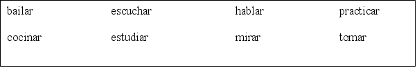 Nuestras actividades. Using the appropriate verb from the word bank below, complete the sentences describing what you and your friends do. Don't forget to conjugate the verb according to who does the action.    -Yo ___________________ matemáticas y química.