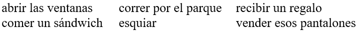 ¿Qué vamos a hacer? Write what these people are going to do (ir + a + indicative) in the different situations. In each case, choose the most appropriate activity from the list. Follow the model.   Modelo: Nieva. Juan… Juan va a ir a esquiar. -Hace mucho calor en la biblioteca. Dolores…<div style=padding-top: 35px> 