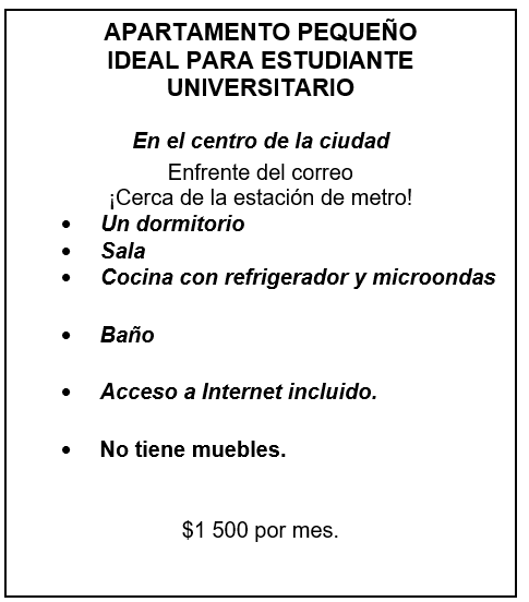 <strong>El anuncio. Lee con atención el siguiente anuncio. Luego, lee las oraciones y selecciona cierto o falso de acuerdo a la lectura.    -Este anuncio es de una residencia universitaria.</strong> A) Cierto B) Falso <div style=padding-top: 35px> 