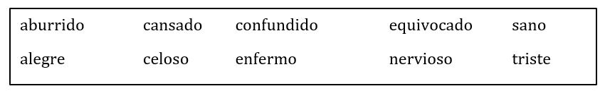 Las emociones. Indica cómo están las siguientes personas. El adjetivo debe concordar (agree) en género y número con el sujeto. No vas a usar todos los adjetivos.  Modelo: Edgardo tiene tres presentaciones mañana y un examen el viernes.  ocupado    -Yo estoy leyendo un libro de economía de doscientas páginas. ________________________