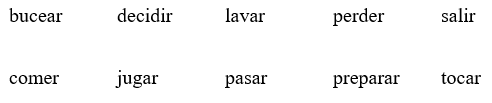 El fin de semana de Ramón. Completa el párrafo con el pretérito de los verbos de la lista. No vas a usar todos los verbos. -Nosotros (1) ____________________ para el lago el viernes por la tarde. Después de poner la tienda de campaña, mi padre (2) ____________________ la cena. Nosotros (3) ____________________ hamburguesas con una ensalada de frutas. Después de la cena, mi hermano menor (4) ____________________ los platos y yo (5) ____________________ la guitarra para todos. Al día siguiente, los cuatro (6) ____________________ ir a nadar al lago. Fue un lindo fin de semana