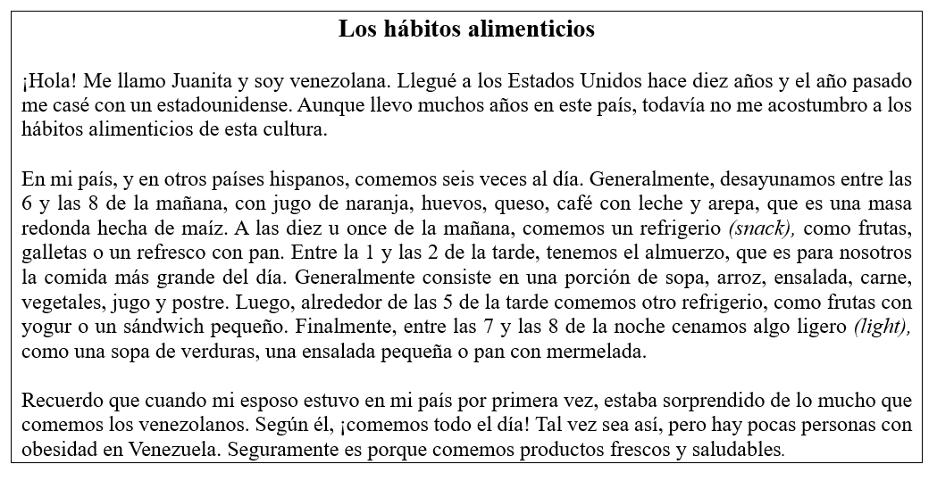 La cultura de la alimentación. Lee con atención la siguiente lectura sobre la alimentación en Venezuela.   ¿Cierto o falso? Selecciona cierto o falso de acuerdo a la lectura. -Las arepas son un tipo de carne muy popular en Venezuela. A)  Cierto B)  Falso