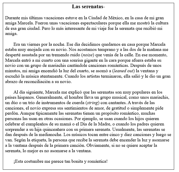 Las serenatas. Lee con atención la siguiente lectura. Después decide si las oraciones que siguen son ciertas o falsas.   ¿Cierto o falso? Selecciona cierto o falso de acuerdo a la lectura. Corrige las respuestas falsas. -Marcela estaba muy triste porque tenía problemas con su novio. A)  Cierto B)  Falso