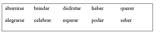 Una boda inolvidable. ¿De quién era la última boda a la que fuiste? Describe la ceremonia y la recepción incluyendo las siguientes detalles: • una descripción del lugar y las decoraciones • la hora de la ceremonia y de la recepción • la ropa de los novios • la comida y el postre • las actividades (baile, música, etc.) • tus sentimientos por la pareja ¡OJO! Ten cuidado con el uso del pretérito y del imperfecto. Usa al menos cinco verbos de la caja.  