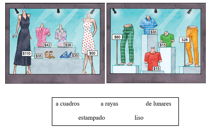 De compras. Completa cada oración con una palabra de la caja para describir la ropa de la foto. ¡OJO! Ten cuidado con la concordancia entre los objetos y los adjetivos.   -El vestido rojo y blanco es<div style=padding-top: 35px> 