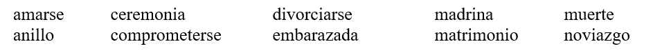 La noticia. Completa la conversación entre Pamela y su amiga con las palabras más adecuadas de la lista. Haz los cambios necesarios.     -Pamela: Cecilia, tengo que darte una noticia... Cecilia: ¿Tus padres van a (1)_____________? Pamela: ¿Qué dices? ¡Claro que no! Hace más de treinta años que están juntos y (2)___________ como el primer día. Cecilia: ¿Entonces tu hermana dio a luz? ¿Es un varón? Pamela: ¡Pero si mi hermana no está (3)_____________! Cecilia: ¡Ay, no! Entonces quieres contarme sobre la (4)_____________ de un familiar querido. ¿Quién murió? ¿Tenemos que ir al funeral? Pamela: ¡No! ¿Me dejas hablar? Cecilia: Perdón... Pamela: Bueno, después de cinco años de (5)_____________, mi novio por fin me propuso (6)_____________. ¡(7)______________ anoche! Mira el hermoso (8)_____________ que me regaló. Cecilia: ¡Qué bello! ¡Felicitaciones!