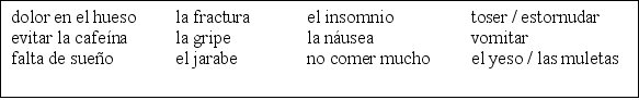 Las enfermedades. Empareja cada enfermedad con sus síntomas y tratamiento. Sigue el modelo.     