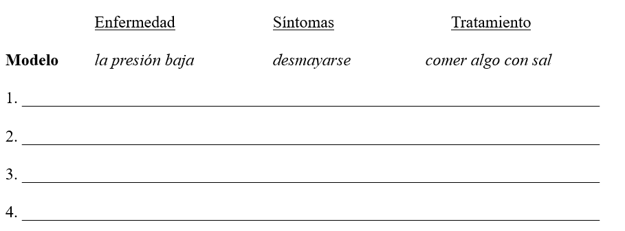Las enfermedades. Empareja cada enfermedad con sus síntomas y tratamiento. Sigue el modelo.     