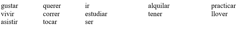 Se buscan amigos. Juan publica un anuncio para buscar nuevos amigos. Escoge el verbo que mejor complete cada oración y escribe la forma correcta.   -Hola, ¿qué tal? Me (1) _____________ a presentar: Mi nombre es Juan y (2) _____________ 19 años. (3) _____________ filosofía en la universidad estatal. Ya no (4) ____________ con mis padres; (5) _____________ una casa grande con otros cinco estudiantes. (6) ____________ muy bien el piano y (7) ______________ deportes. ¡(8) ____________ una persona muy atlética! (9) ____________ por la playa todos los lunes, miércoles y viernes (¡también cuando (10) _____________!). Además, me (11) ___________ mucho el español y (12) _____________ a una academia de lenguas dos veces por semana. (13) ____________ conocer chicos y chicas hispanohablantes para aprender a hablar mejor. ¿Alguno de ustedes (14) _________ interesado?