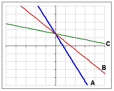 Which function pictured has the largest slope?   A)  A B)  B C)  C